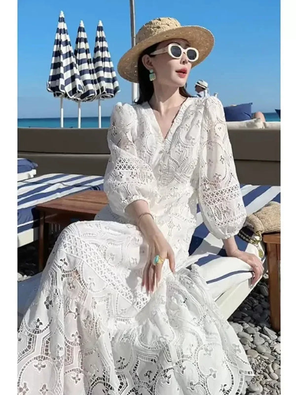 Elegant Embroidery White Lace Long Dress for Women Evening Occasion